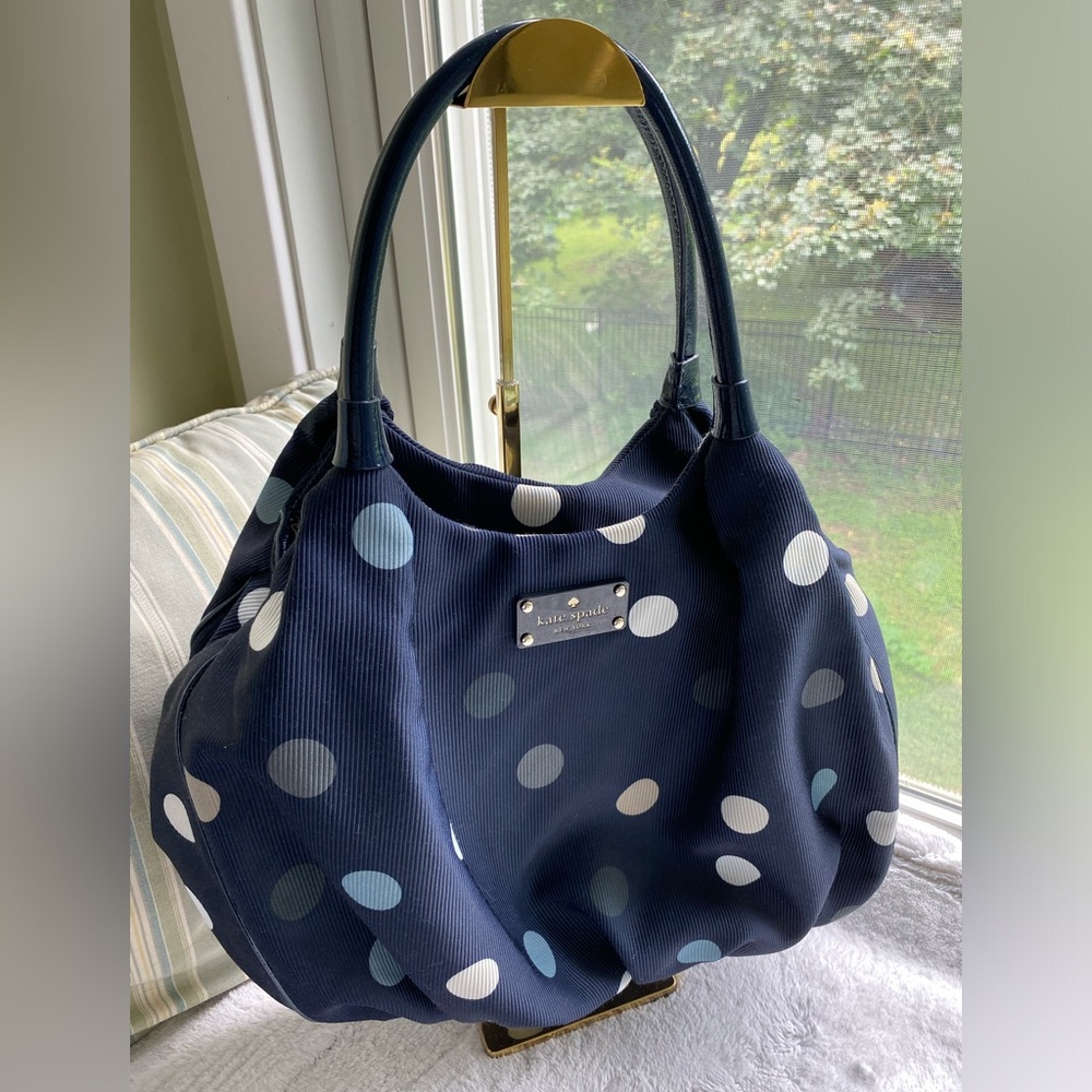 Kate Spade EUC Rare Park Row Karen Hobo Bag Navy Blue with Multicolored Dots